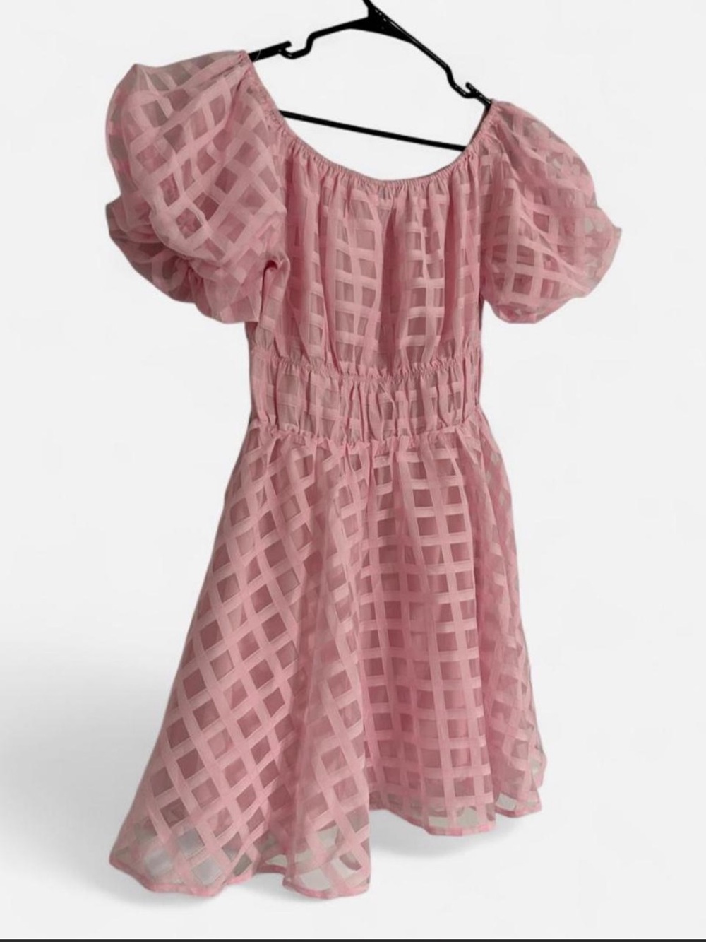 Pink Puff-Sleeve Mini Dress with Check Overlay